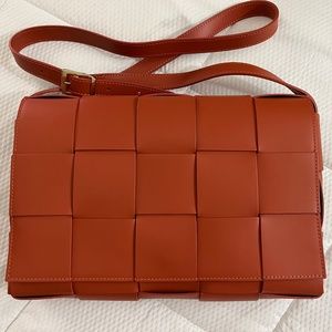 Valentina Fiore Burnt Orange Woven Leather Crossbody Messenger Shoulder Bag